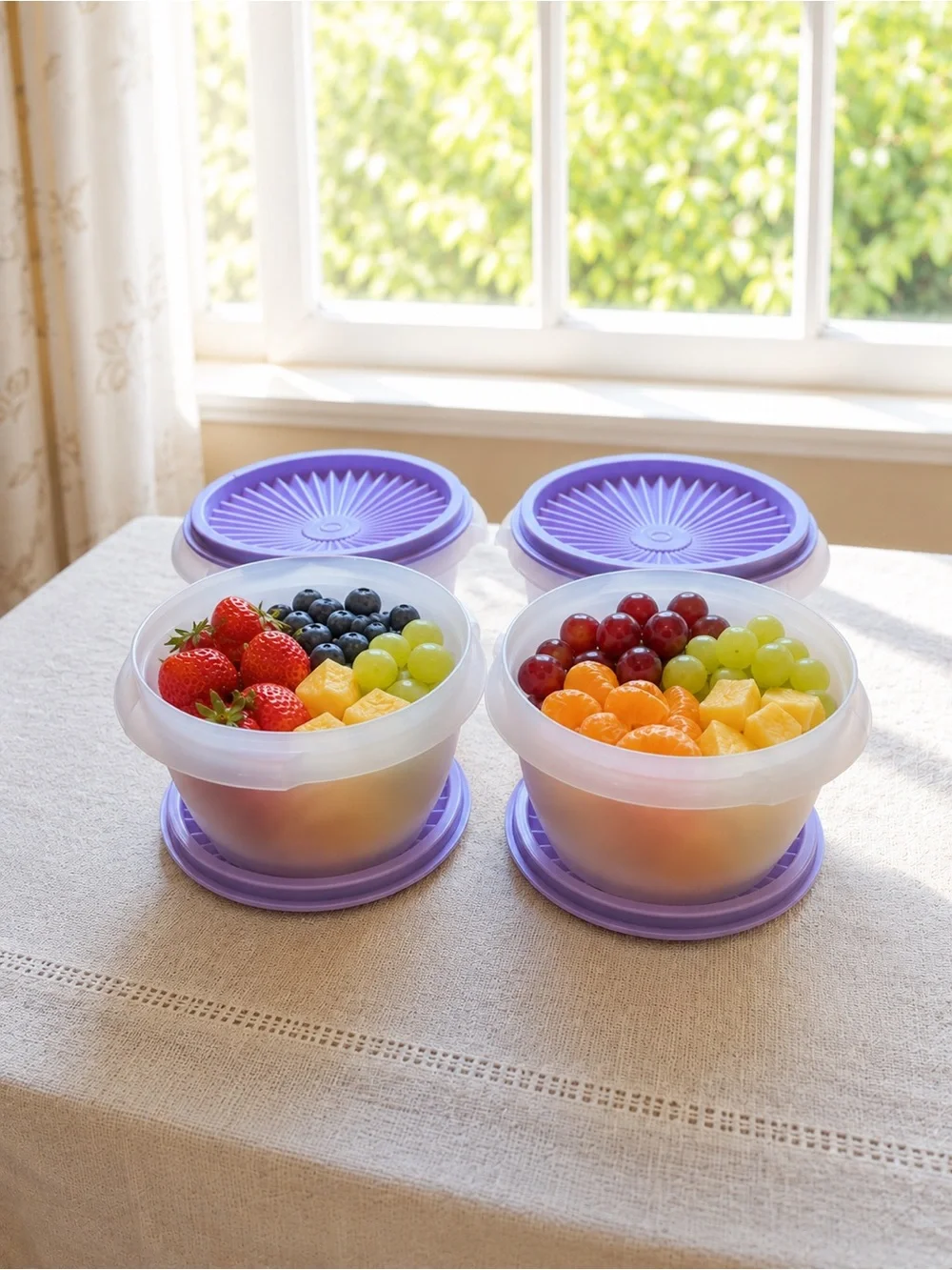 NEW Tupperware Servalier Clear Bowls W/Lavander seals Set of Four